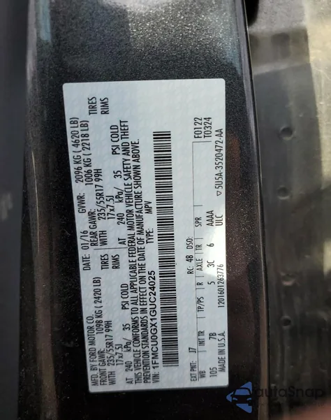 2016 Ford Escape Se из США, поврежденный, VIN 1FMCU0GX1GUC24025